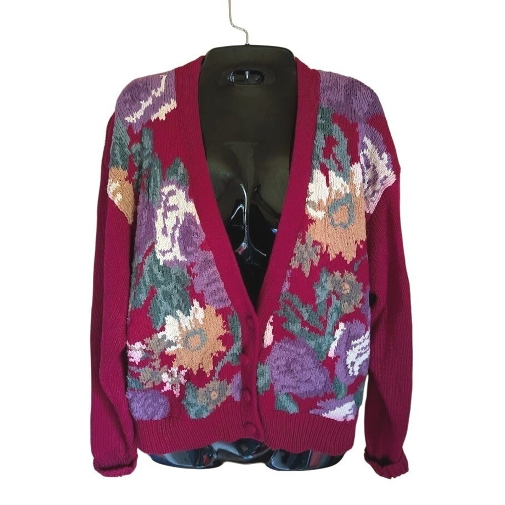 Vintage Michelle Stuart Cardigan Sweater M Burgundy Colorful Floral Cottagecore